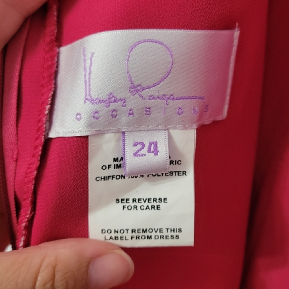 Hayley Paige Occasions Flamingo Pink Chiffon A-line Gown Ruffled V Neck, Size 22 - Picture 12 of 14